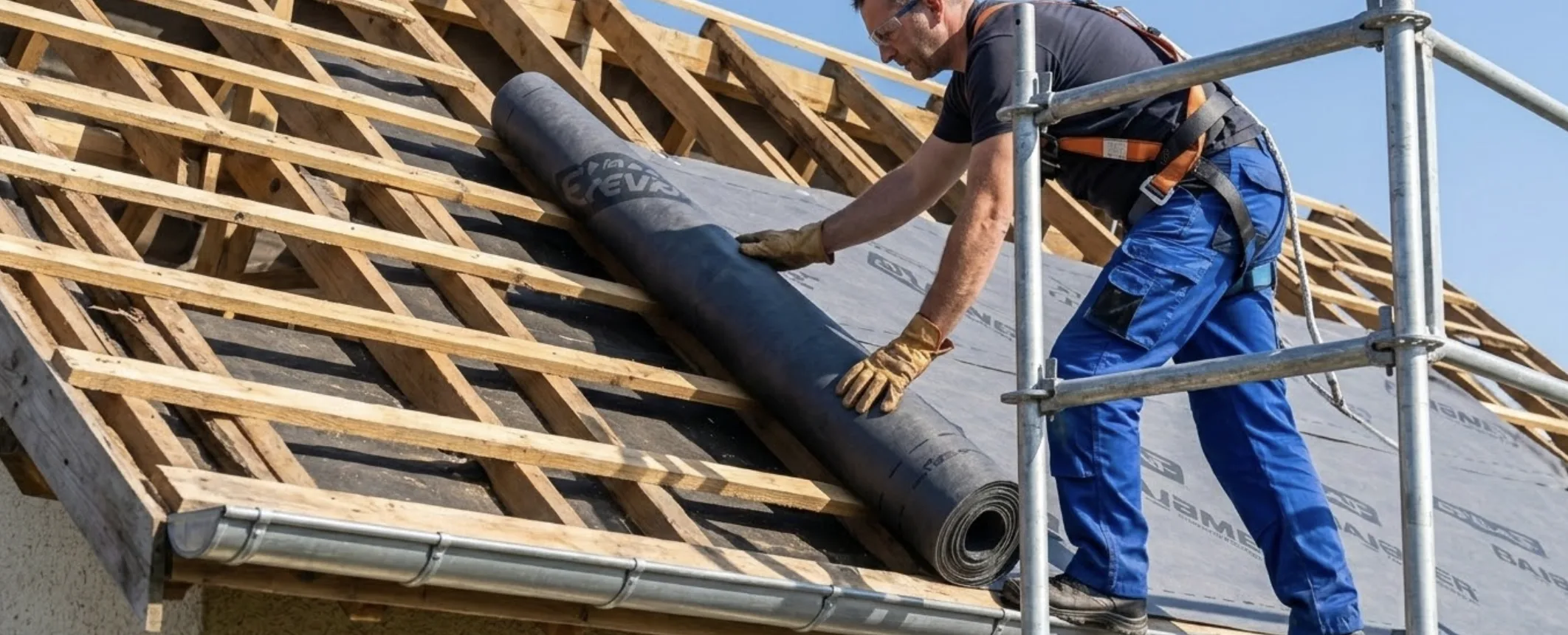 Photo d'un couvreur professionnel sur un échafaudage en train de poser un écran de sous-toiture sur une charpente mise à nu.